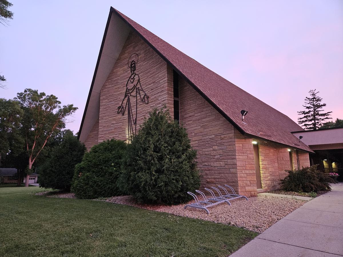 Church exterior at dusk